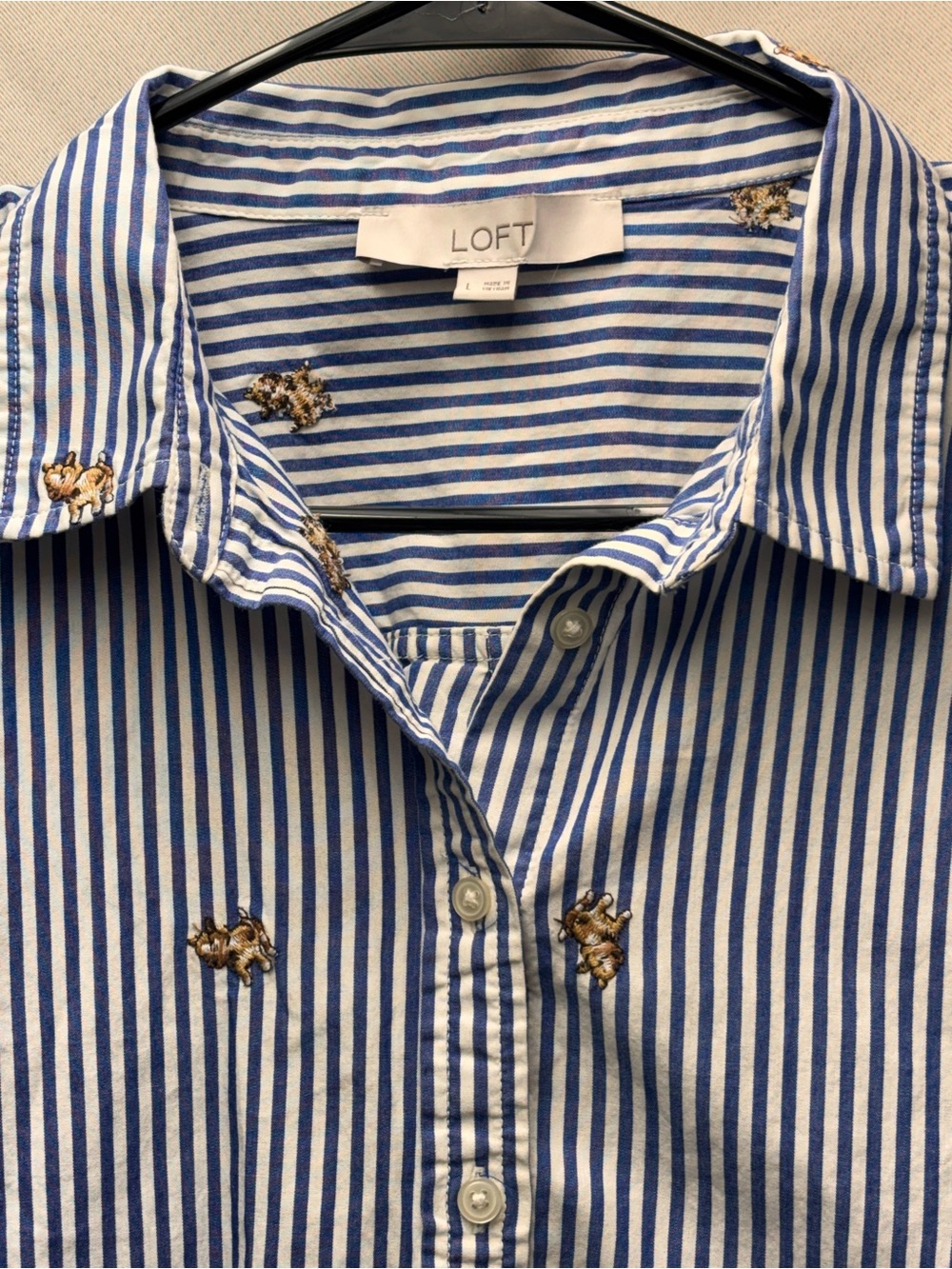 Loft 100% Cotton Button Down Shirt Blue/White stripes embroidered Puppies Large - Picture 3 of 9